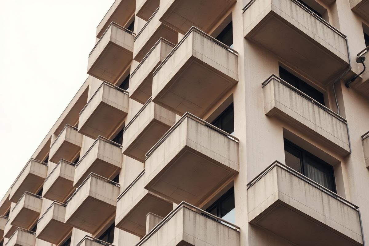 Repeating concrete balconies on a residential building facade