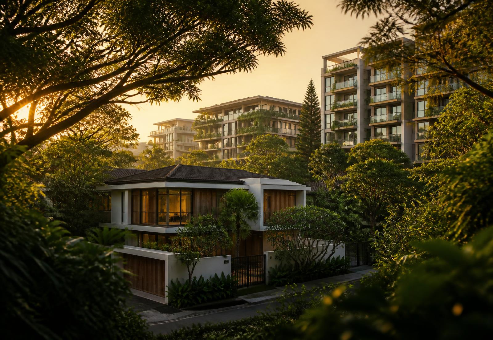 Golden-hour view of a Singapore residential neighbourhood with landed homes and leafy condominiums
